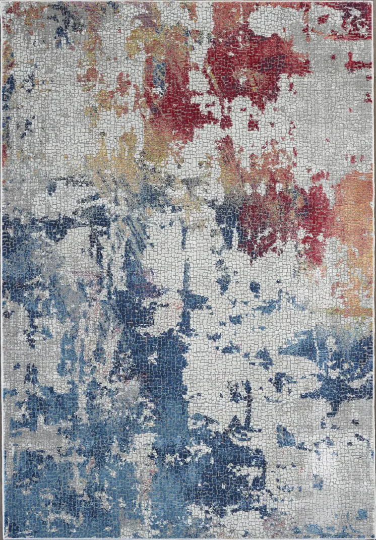 5' X 8' Ivory Red and Blue Abstract Distressed Non Skid Area Rug