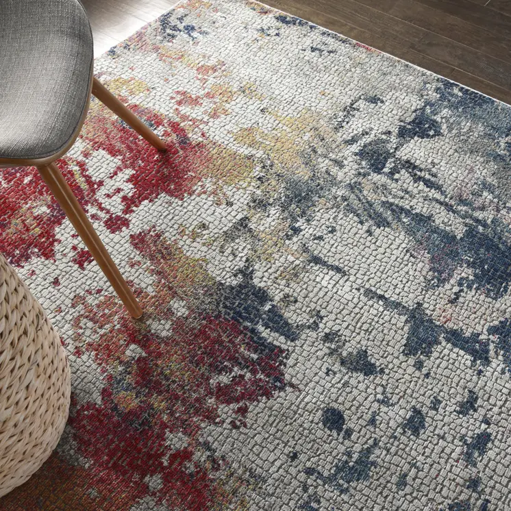 5' X 8' Ivory Red and Blue Abstract Distressed Non Skid Area Rug