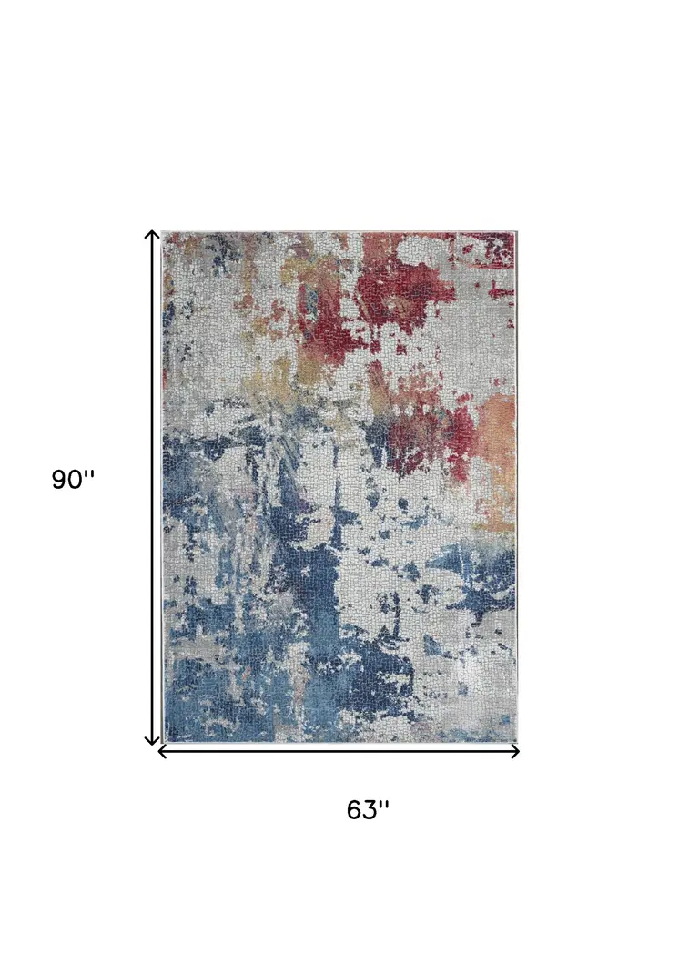 5' X 8' Ivory Red and Blue Abstract Distressed Non Skid Area Rug