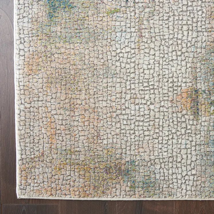 8' Ivory Blue and Gray Abstract Distressed Non Skid Runner Rug
