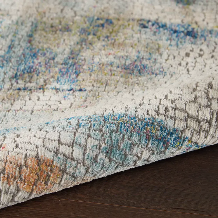 8' Ivory Blue and Gray Abstract Distressed Non Skid Runner Rug