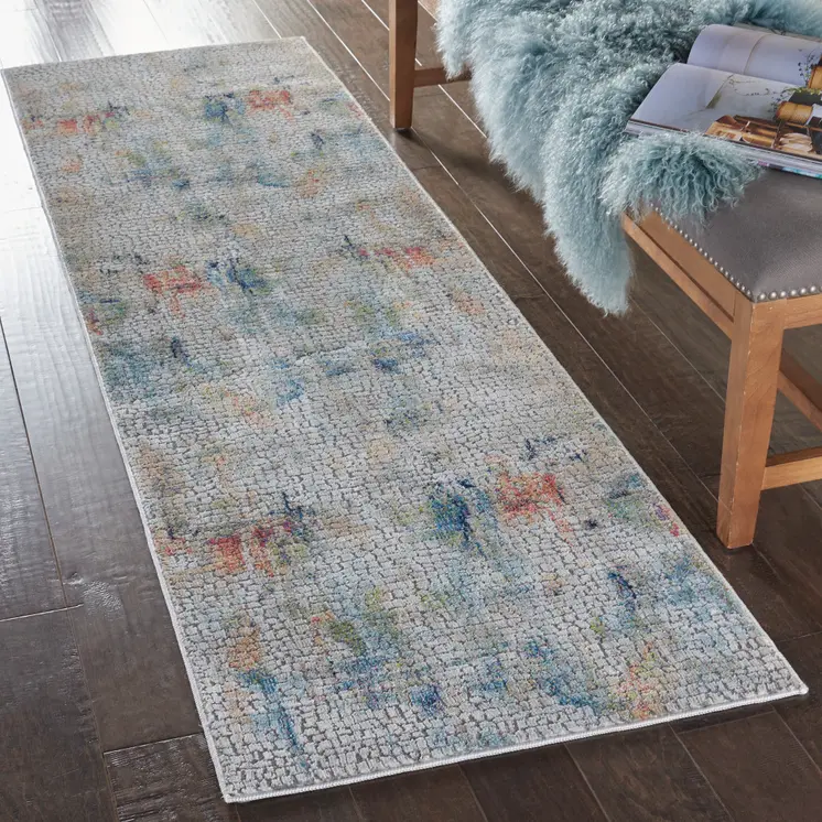 8' Ivory Blue and Gray Abstract Distressed Non Skid Runner Rug