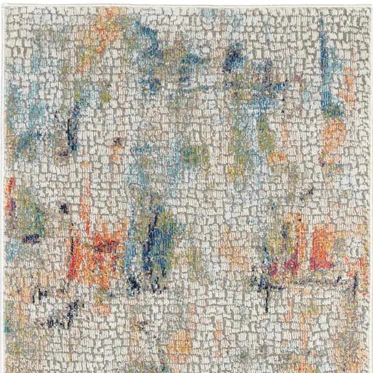 8' Ivory Blue and Gray Abstract Distressed Non Skid Runner Rug