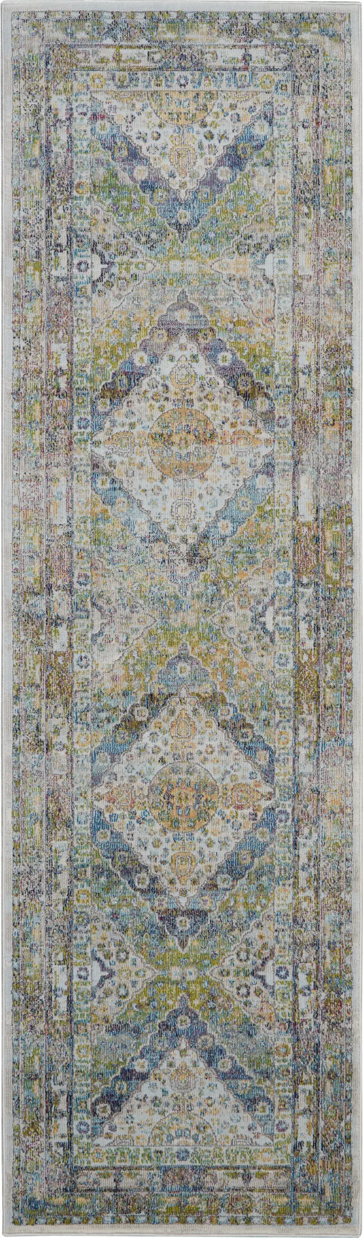 8' Ivory Blue and Green Floral Distressed Non Skid Runner Rug