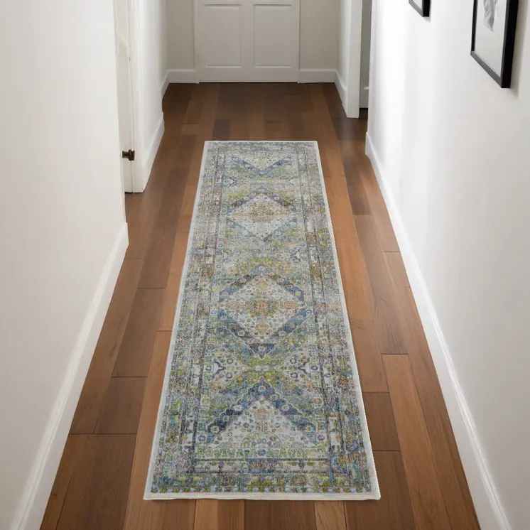 8' Ivory Blue and Green Floral Distressed Non Skid Runner Rug
