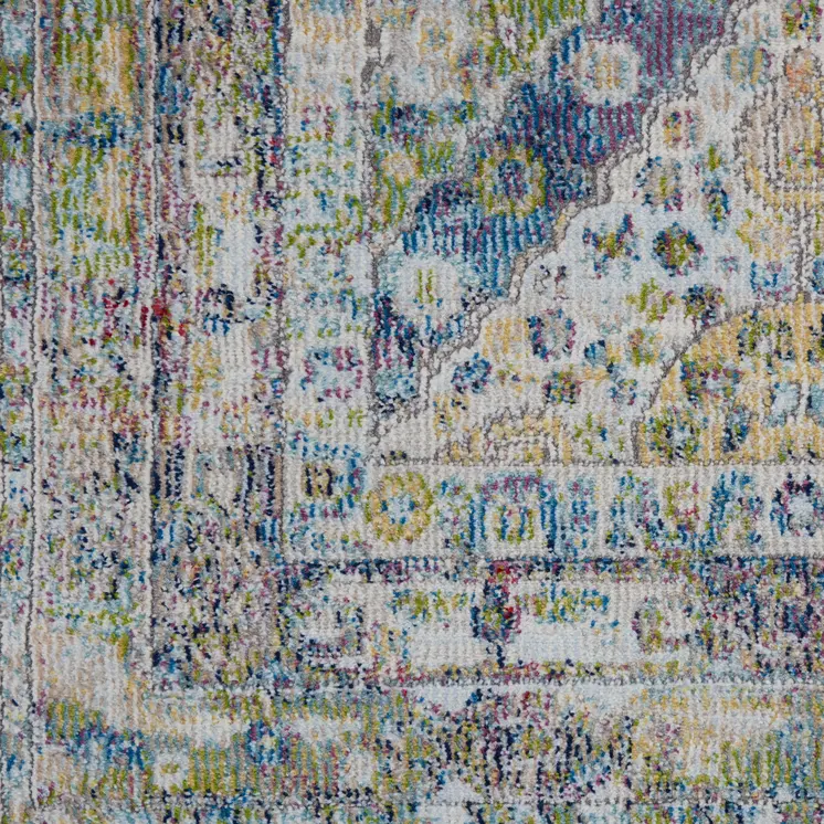 8' Ivory Blue and Green Floral Distressed Non Skid Runner Rug