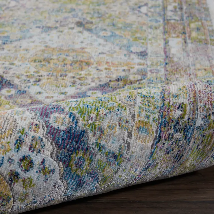8' Ivory Blue and Green Floral Distressed Non Skid Runner Rug