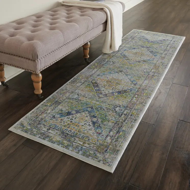 8' Ivory Blue and Green Floral Distressed Non Skid Runner Rug