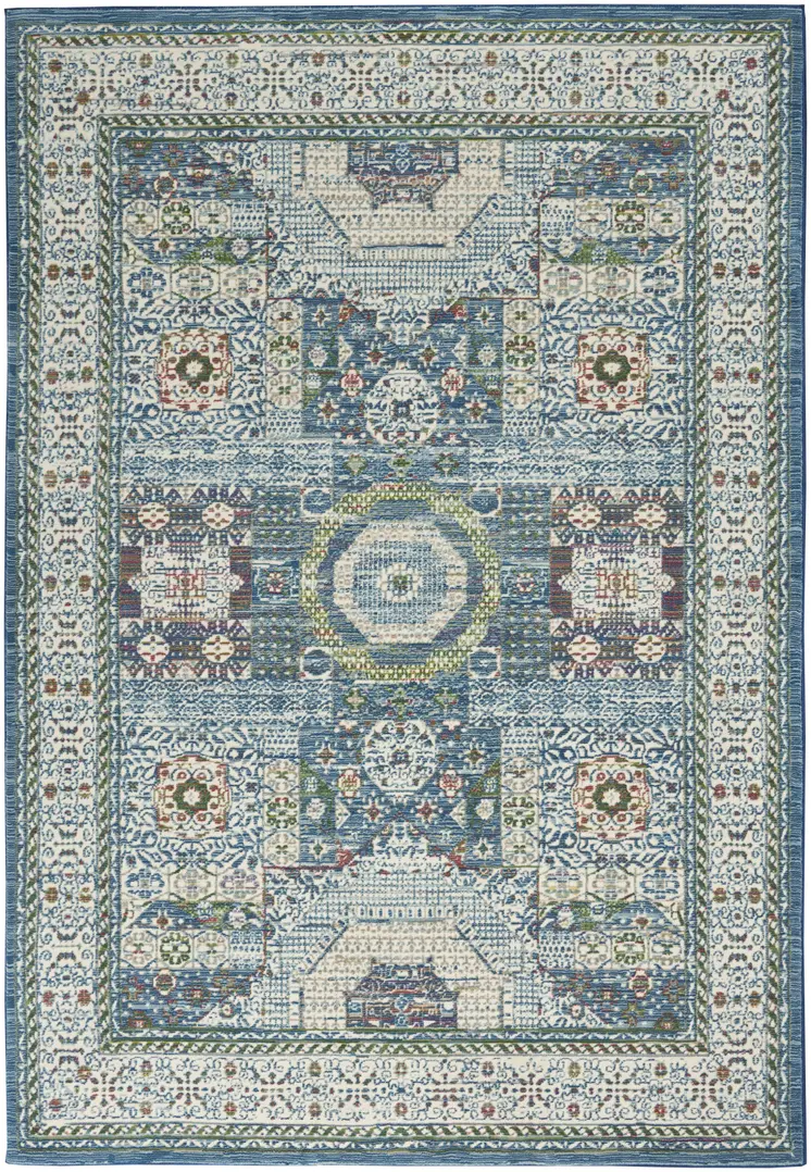 5' X 8' Ivory Blue and Green Oriental Distressed Non Skid Area Rug