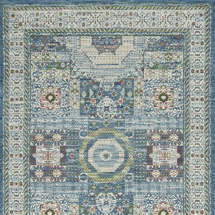 5' X 8' Ivory Blue and Green Oriental Distressed Non Skid Area Rug