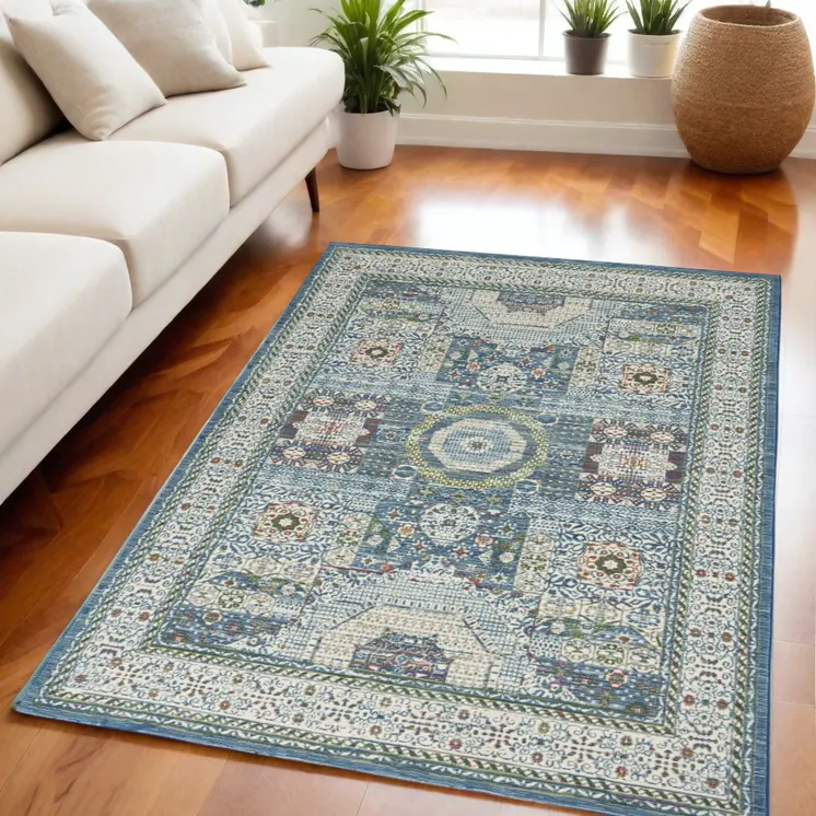 5' X 8' Ivory Blue and Green Oriental Distressed Non Skid Area Rug