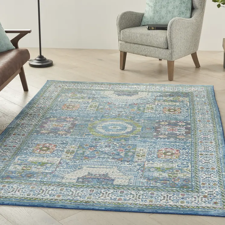 5' X 8' Ivory Blue and Green Oriental Distressed Non Skid Area Rug