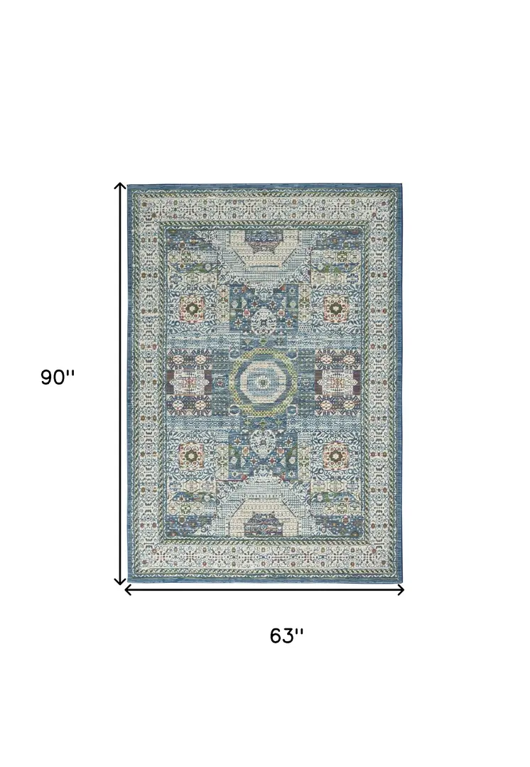 5' X 8' Ivory Blue and Green Oriental Distressed Non Skid Area Rug