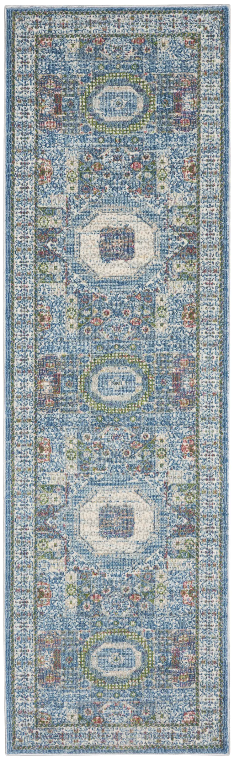8' Ivory Blue and Green Oriental Distressed Non Skid Runner Rug