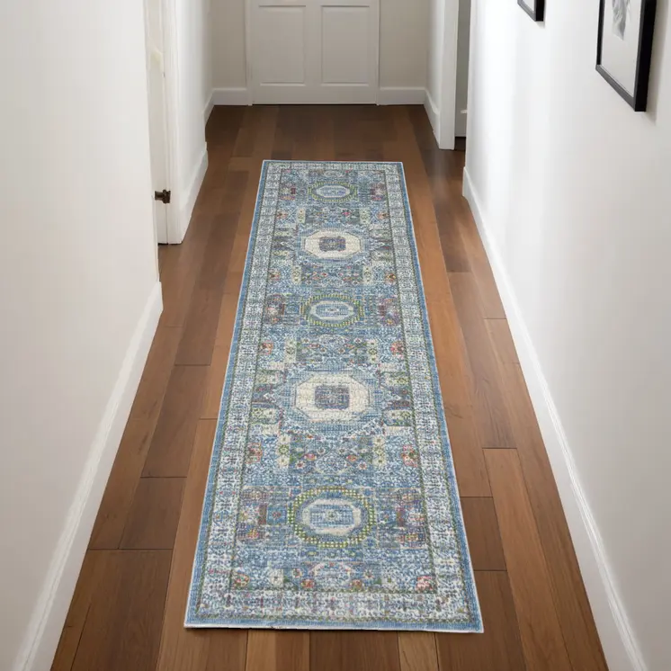 8' Ivory Blue and Green Oriental Distressed Non Skid Runner Rug