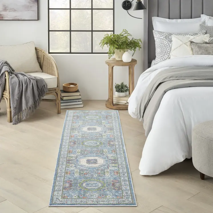8' Ivory Blue and Green Oriental Distressed Non Skid Runner Rug