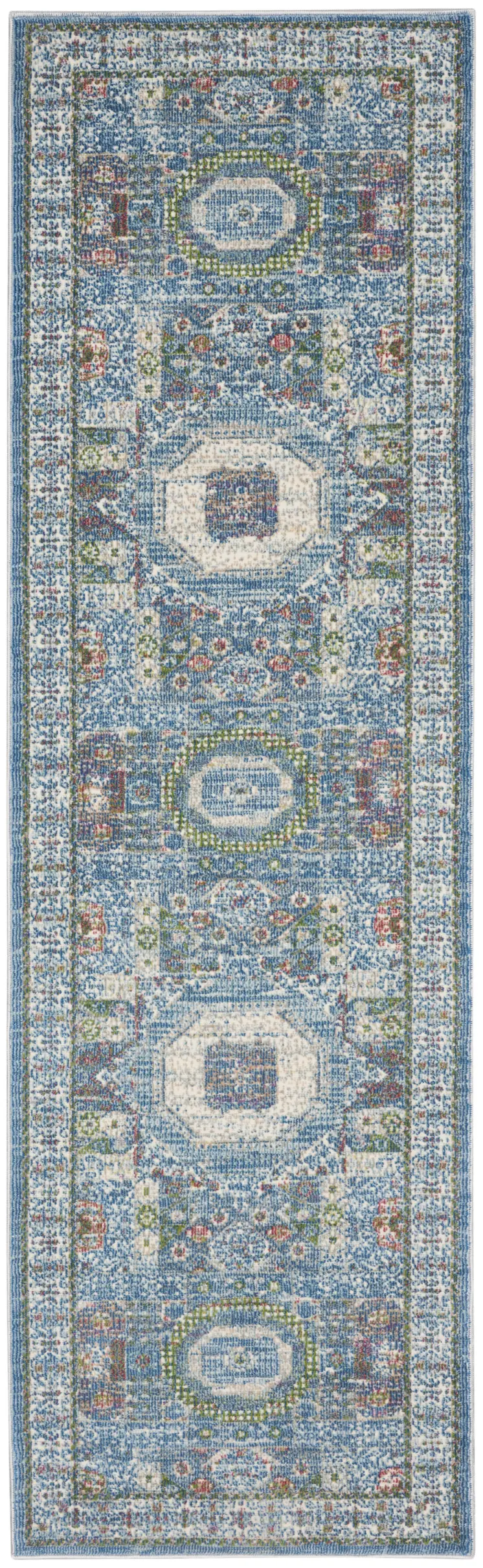 8' Ivory Blue and Green Oriental Distressed Non Skid Runner Rug