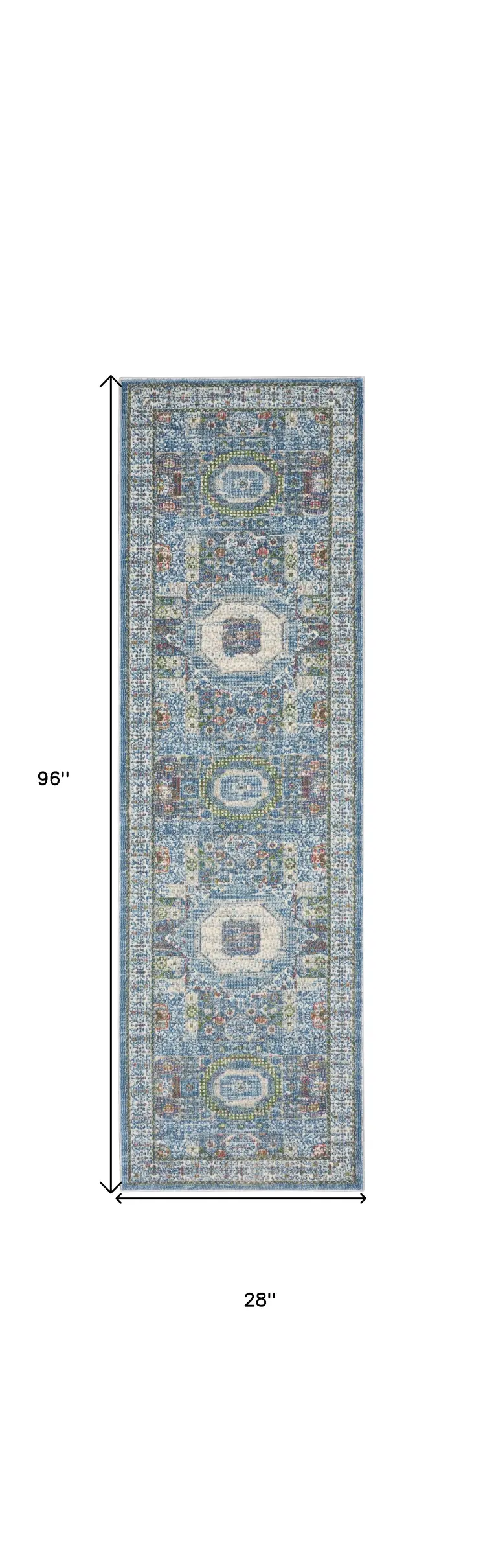 8' Ivory Blue and Green Oriental Distressed Non Skid Runner Rug
