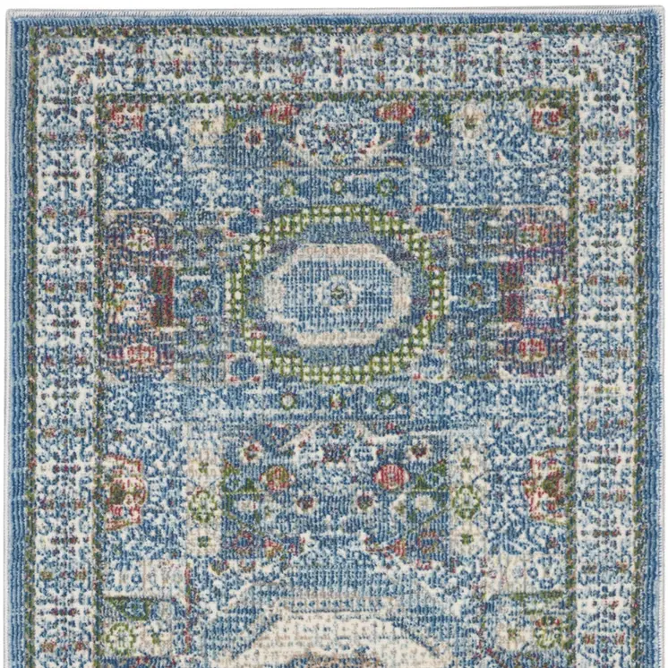 8' Ivory Blue and Green Oriental Distressed Non Skid Runner Rug