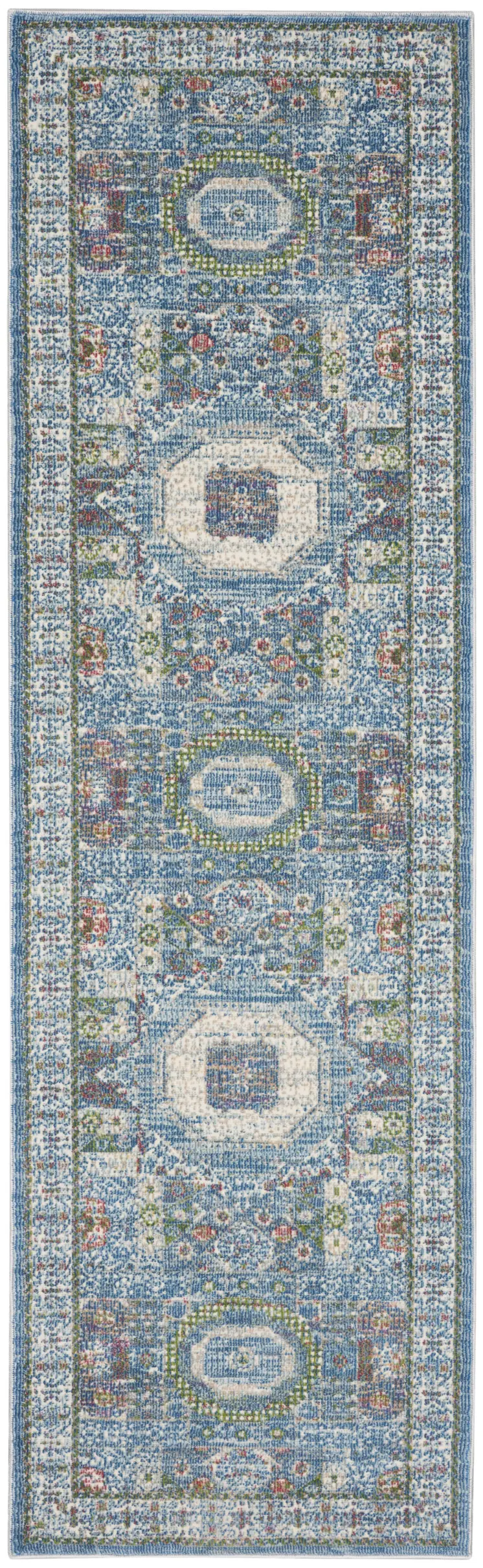 8' Ivory Blue and Green Oriental Distressed Non Skid Runner Rug