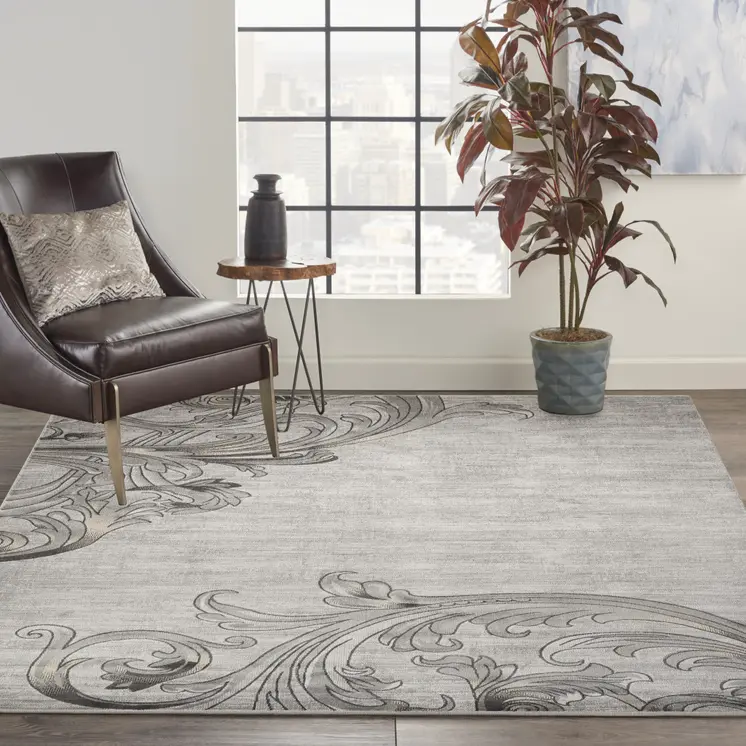 8' X 11' Graphite and Black Floral Vines Non Skid Area Rug