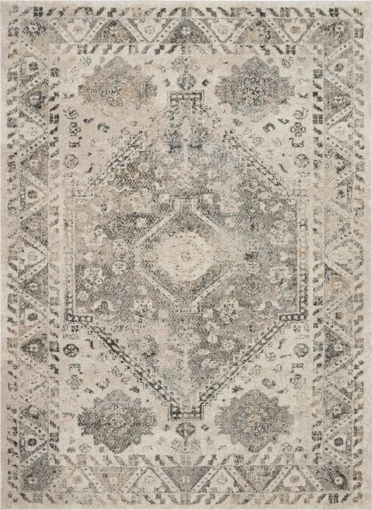 5' X 7' Cream and Gray Floral Distressed Area Rug