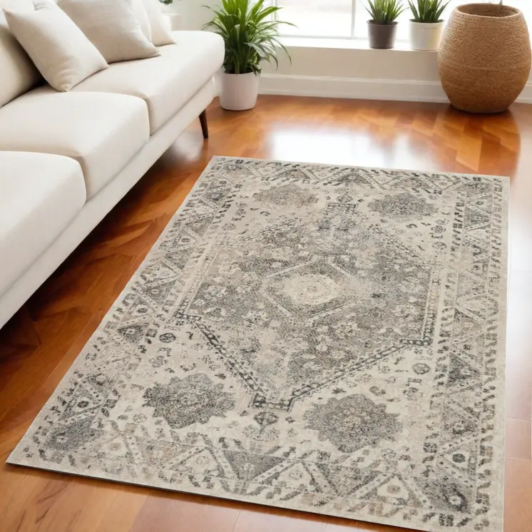 5' X 7' Cream and Gray Floral Distressed Area Rug