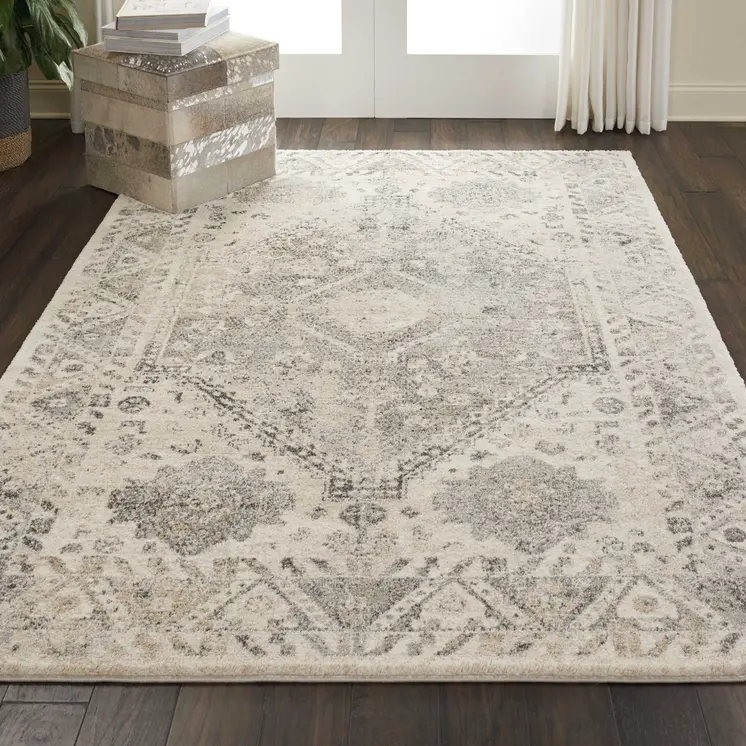 5' X 7' Cream and Gray Floral Distressed Area Rug