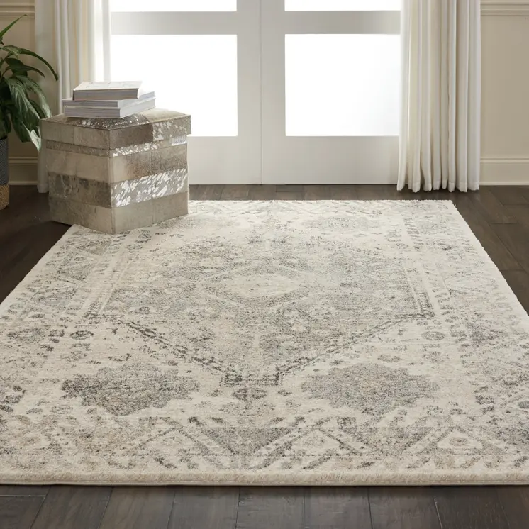 5' X 7' Cream and Gray Floral Distressed Area Rug