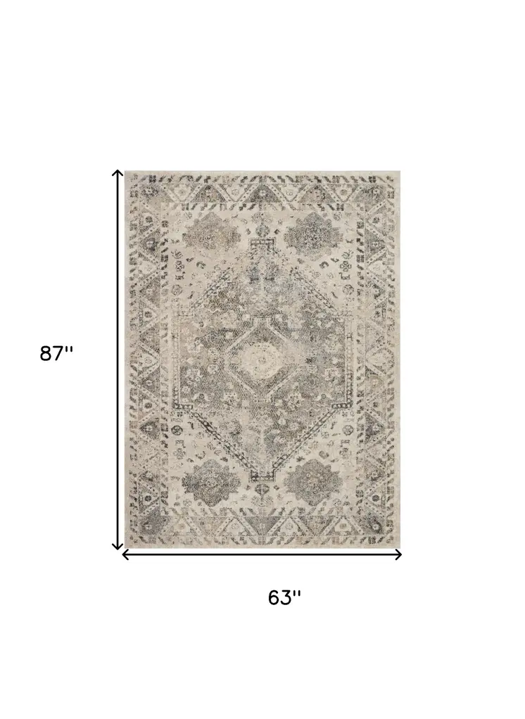 5' X 7' Cream and Gray Floral Distressed Area Rug