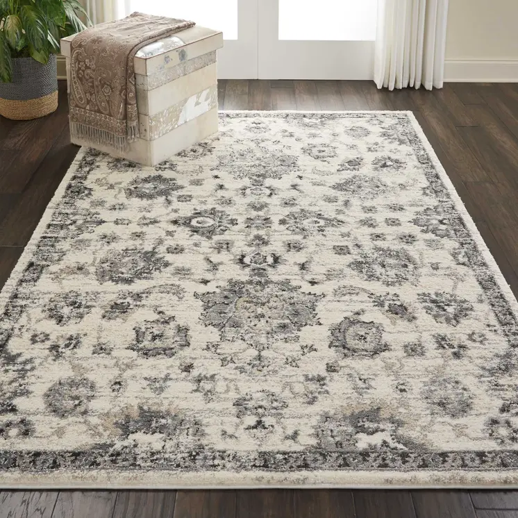5' X 7' Cream and Gray Floral Distressed Area Rug