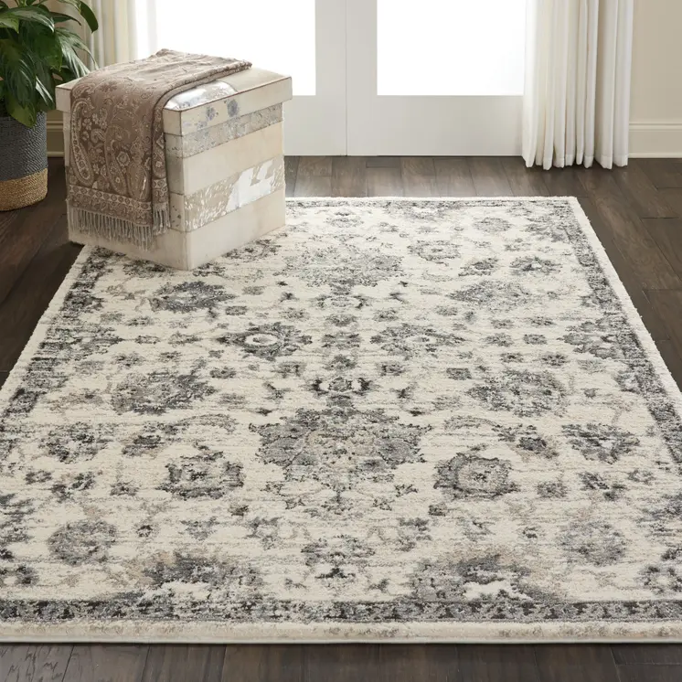 5' X 7' Cream and Gray Floral Distressed Area Rug