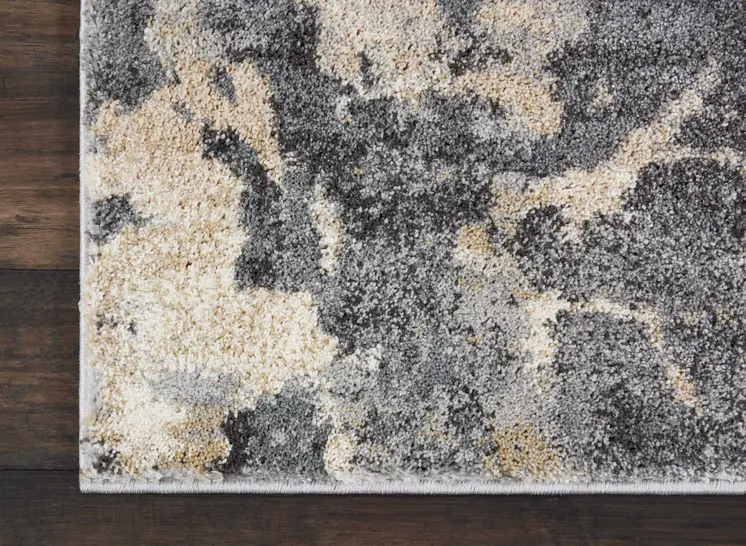 8' Ivory Black and Gray Abstract Distressed Runner Rug