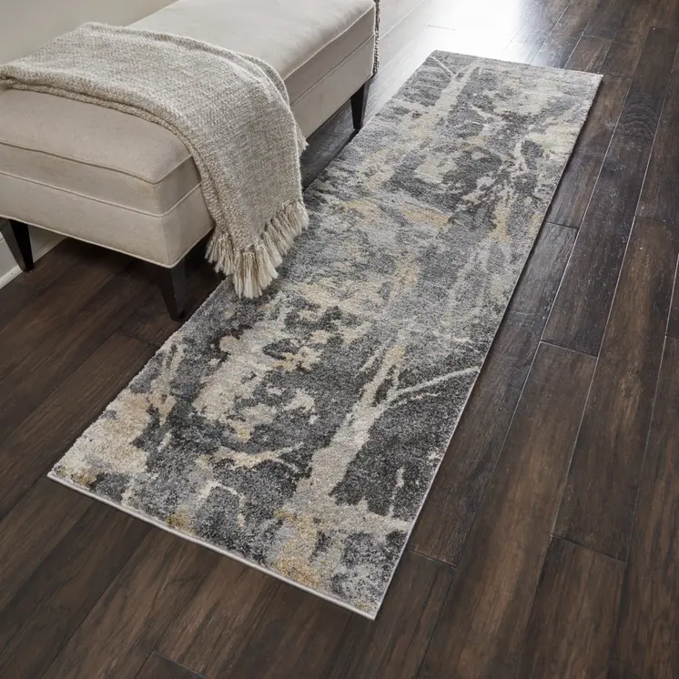 8' Ivory Black and Gray Abstract Distressed Runner Rug