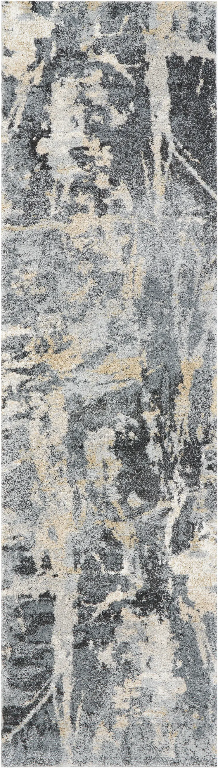 8' Ivory Black and Gray Abstract Distressed Runner Rug
