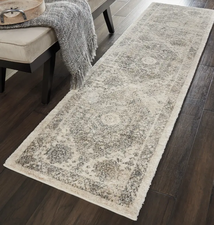 8' Cream and Gray Floral Distressed Runner Rug