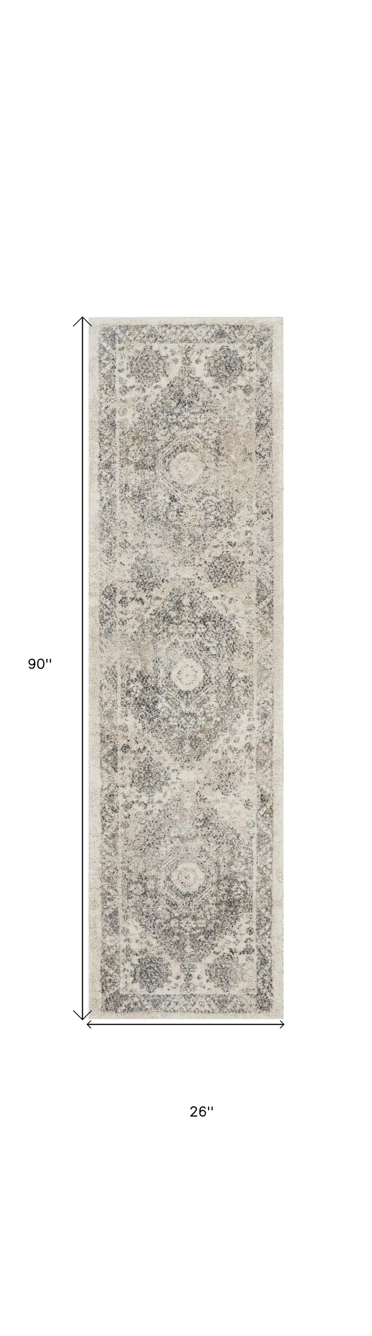 8' Cream and Gray Floral Distressed Runner Rug