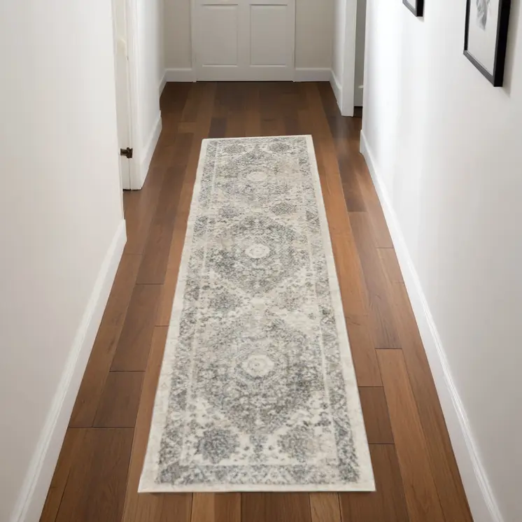 8' Cream and Gray Floral Distressed Runner Rug