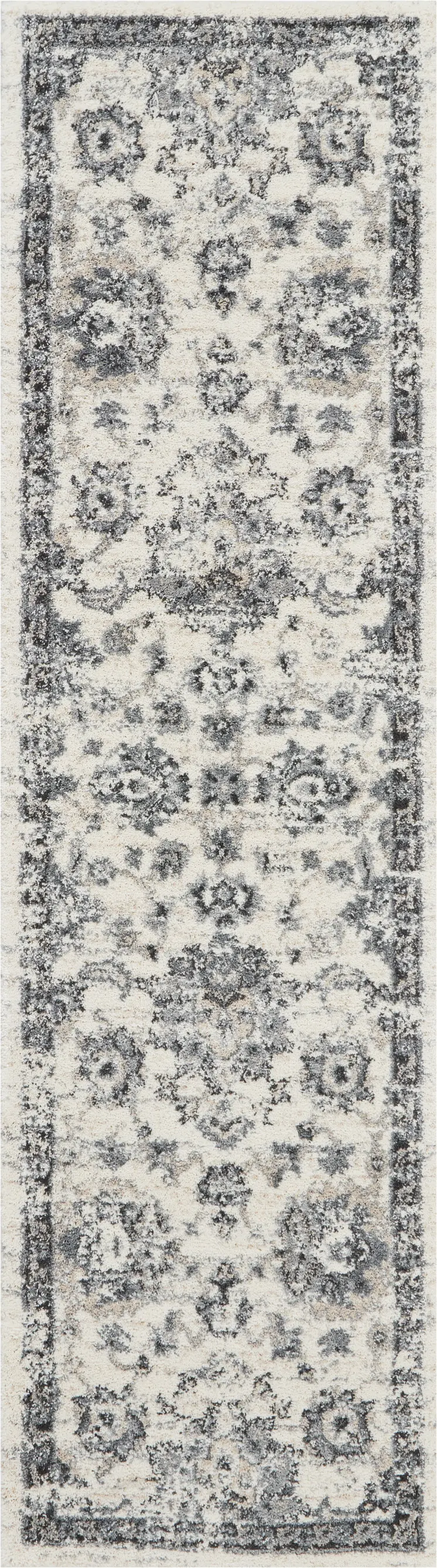 8' Cream and Gray Floral Distressed Runner Rug