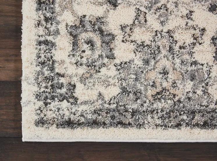 8' Cream and Gray Floral Distressed Runner Rug