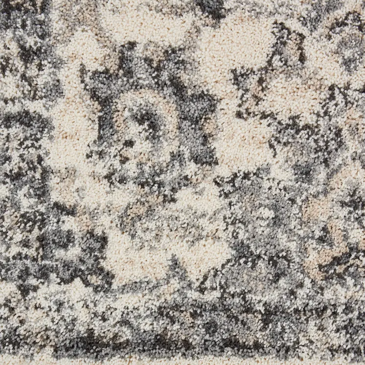 8' Cream and Gray Floral Distressed Runner Rug