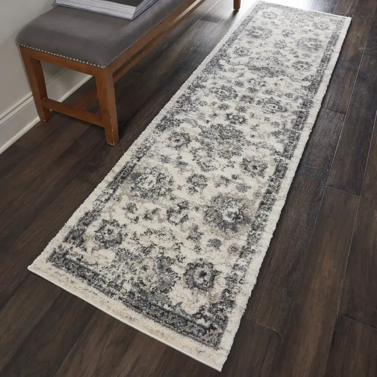 8' Cream and Gray Floral Distressed Runner Rug