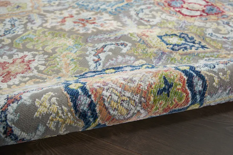 5' X 8' Blue Gray and Green Floral Distressed Non Skid Area Rug