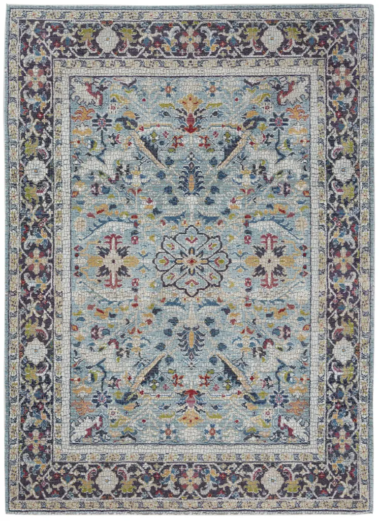 5' X 8' Teal Blue Orange and Black Floral Distressed Non Skid Area Rug
