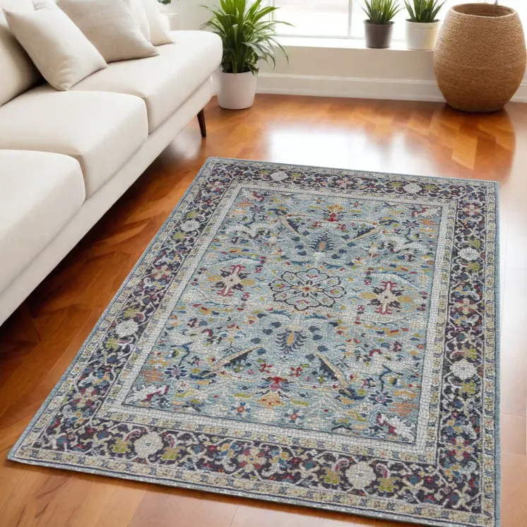 5' X 8' Teal Blue Orange and Black Floral Distressed Non Skid Area Rug