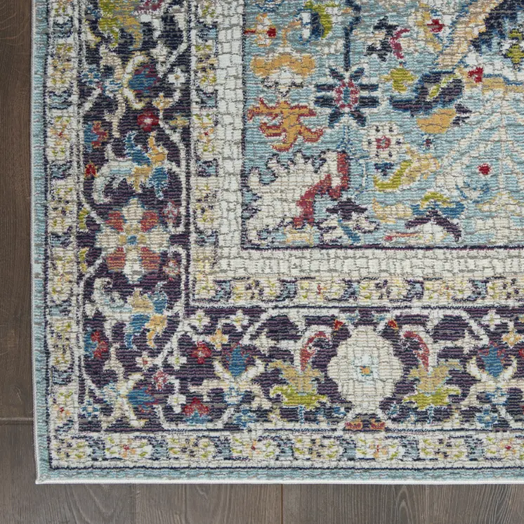 5' X 8' Teal Blue Orange and Black Floral Distressed Non Skid Area Rug