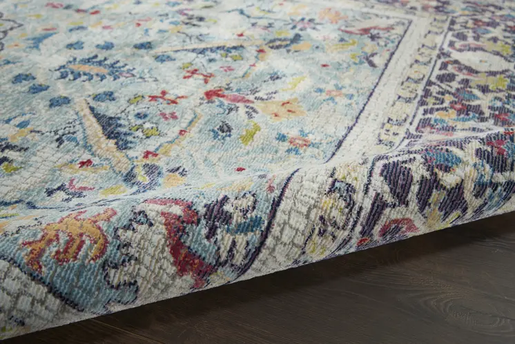 5' X 8' Teal Blue Orange and Black Floral Distressed Non Skid Area Rug