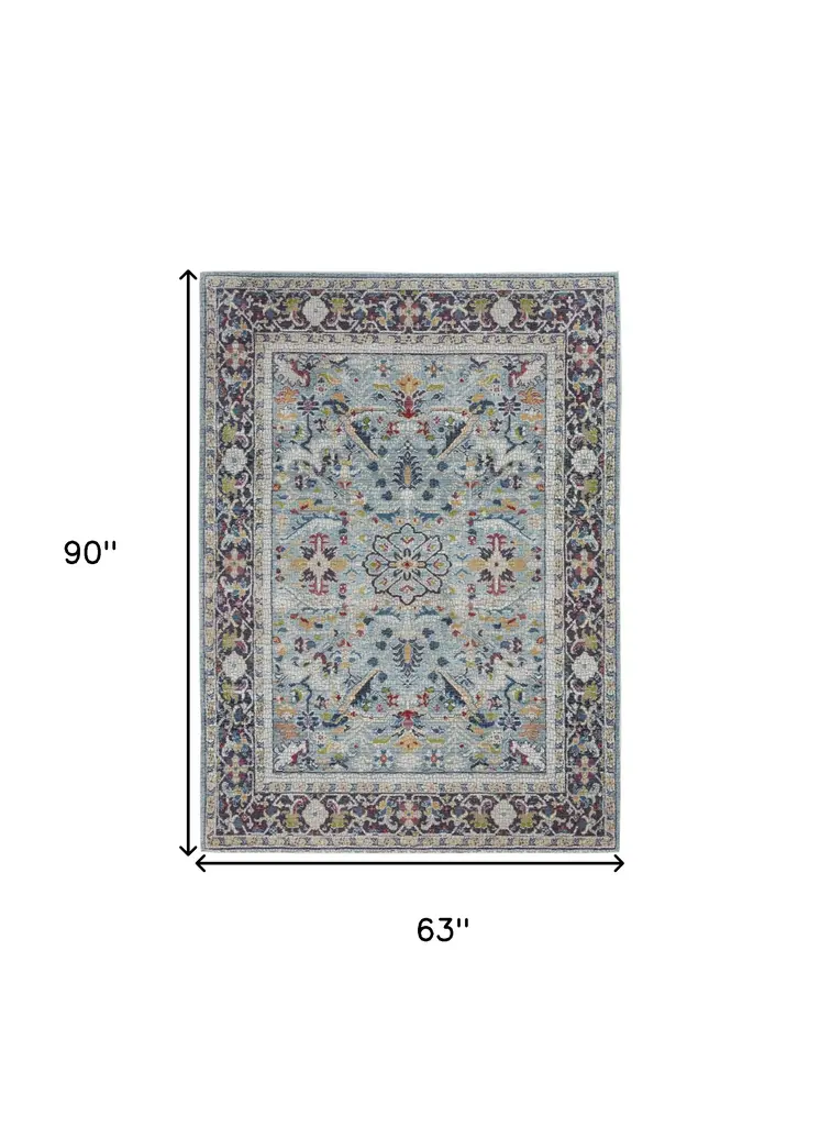 5' X 8' Teal Blue Orange and Black Floral Distressed Non Skid Area Rug