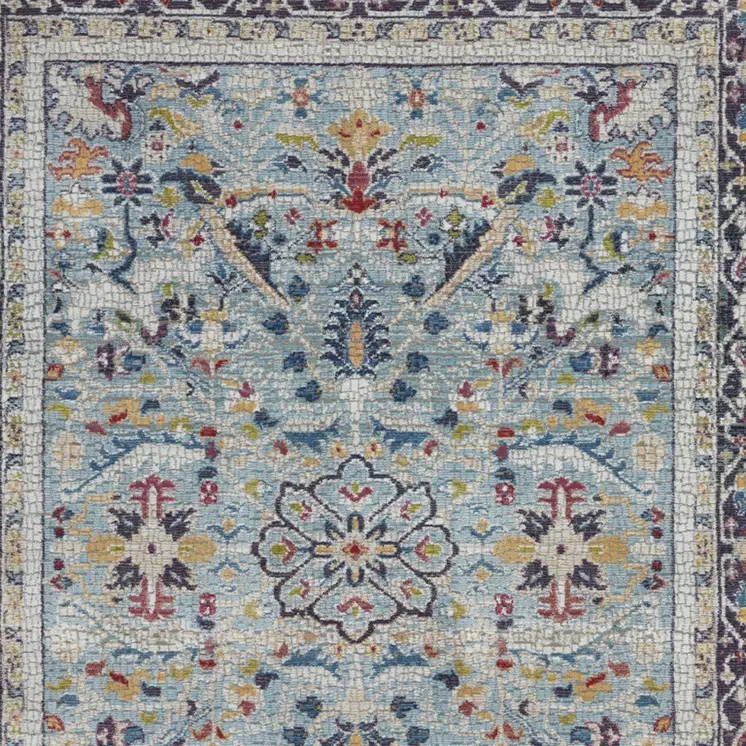 5' X 8' Teal Blue Orange and Black Floral Distressed Non Skid Area Rug