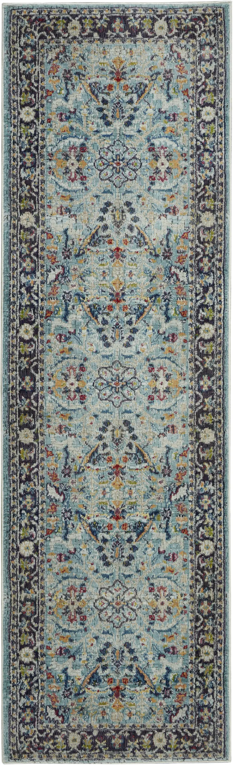 8' Teal Blue Orange and Black Floral Distressed Non Skid Runner Rug